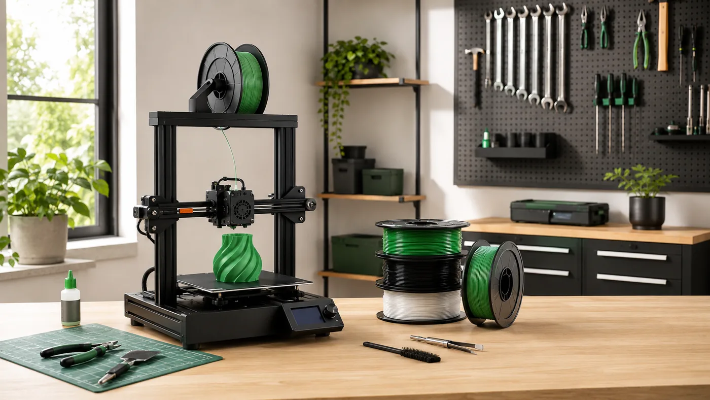 Impresora 3D con filamentos en un taller