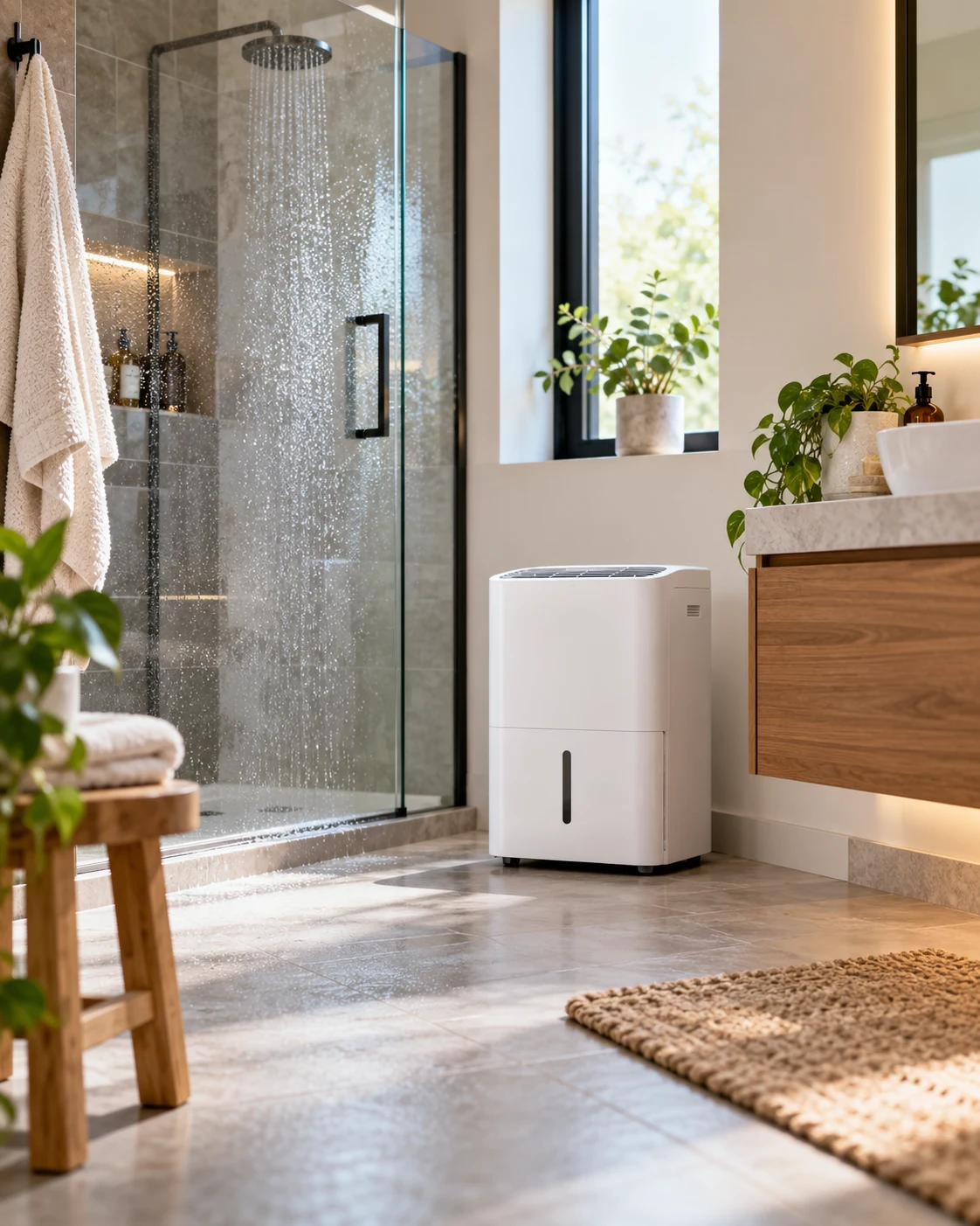 Deshumidificador situado en un baño amplio